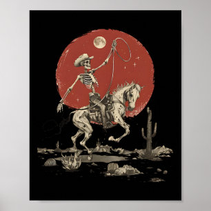 Howdy Western Cowboy Skeleton Riding Horse Poster