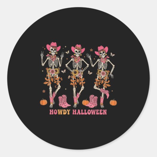 Howdy Western Skeleton Cowgirls Dancing Halloween Ronde Sticker (Voorkant)