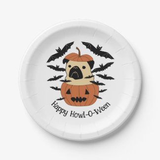 Howl-O-Ween Pug in een Jack-O-Lantern met vleermui Papieren Bordje