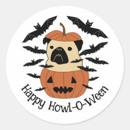 Howl-O-Ween Pug in een Jack-O-Lantern met vleermui Ronde Sticker