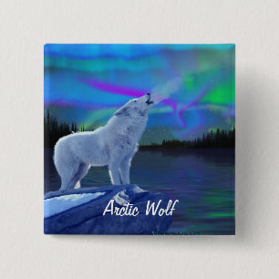 Howling Arctic Wolf & Aurora Wildlife Art Badge Vierkante Button 5,1 Cm