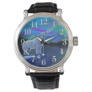 Howling Arctic Wolf & Moon Wildlife Art Horloge