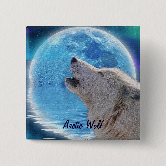 Howling Arctic Wolf & Moon Wildlife Badge Vierkante Button 5,1 Cm (Voorkant)