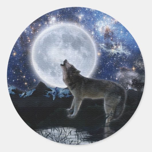 Howling Gray Wolf & Moon Ronde Sticker (Voorkant)