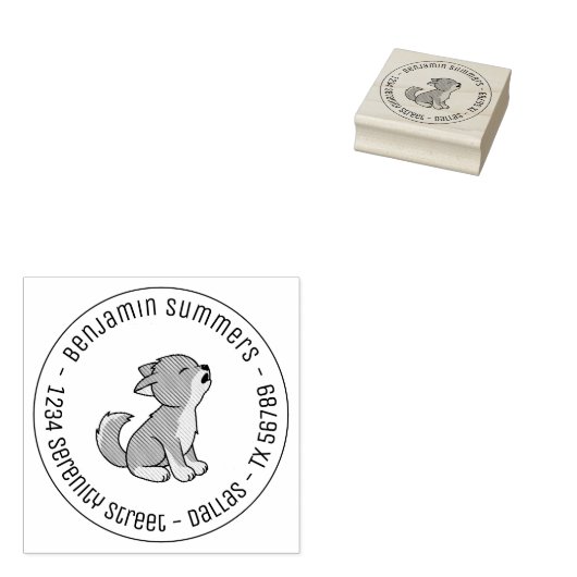 Howling Gray Wolf Pup Round Address Rubberstempel (Gestempeld)