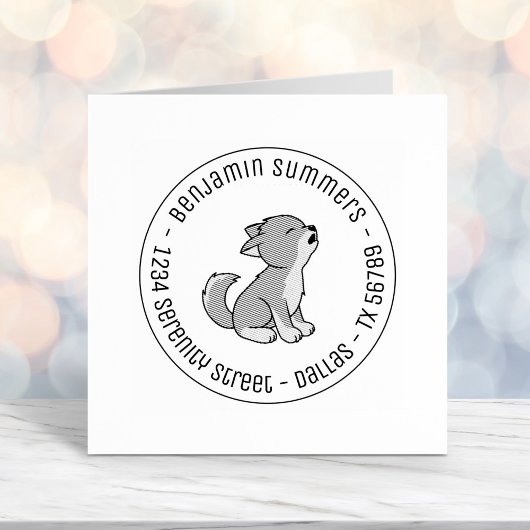 Howling Gray Wolf Pup Round Address Zelfinktende Stempel