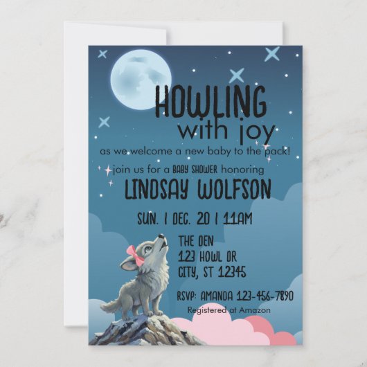 Howling with Joy, Wolf Pink Baby Shower Kaart (Voorkant)