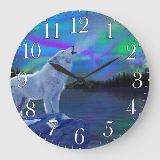Howling Wolf & Aurora Wildlife Art Clock Grote Klok (Voorkant)