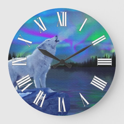 Howling Wolf & Aurora Wildlife Art Clock Grote Klok (Voorkant)