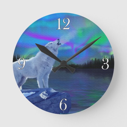 Howling Wolf & Aurora Wildlife Art Clock Ronde Klok (Voorkant)
