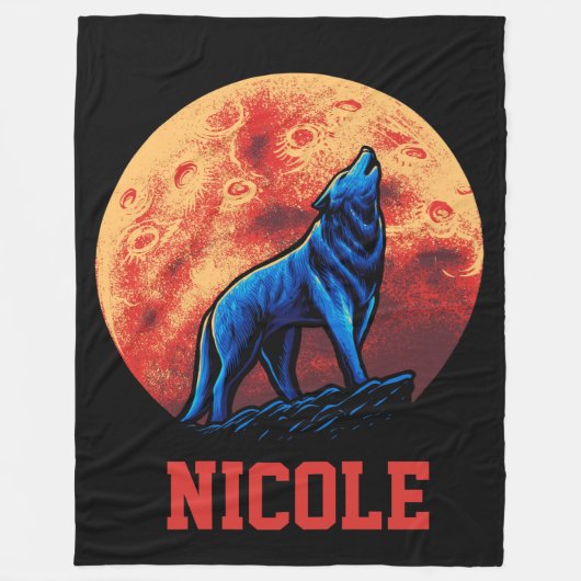 Howling Wolf met Blood Moon Fleece Deken (Voorkant)