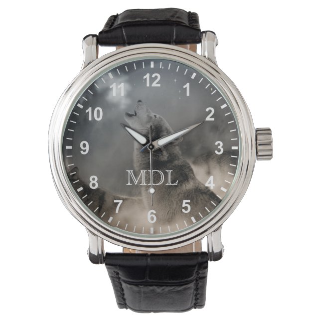 Howling Wolf Monogram Numbers Horloge (Voorkant)