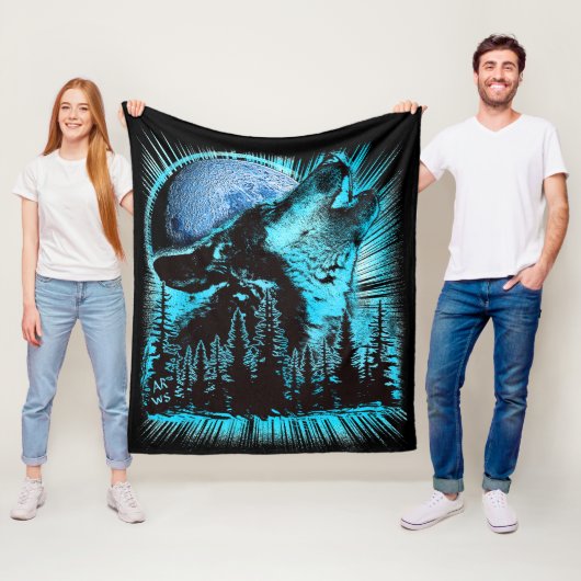 Howling Wolf Moon Pine Forest Art Fleece Deken (In situ)
