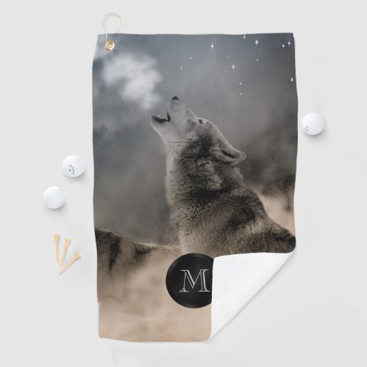Howling Wolf Photo Monogramme Golf Serviette (En situation)
