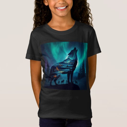 Howling Wolf Silhouette Auror Borealis T-shirt (Voorkant)