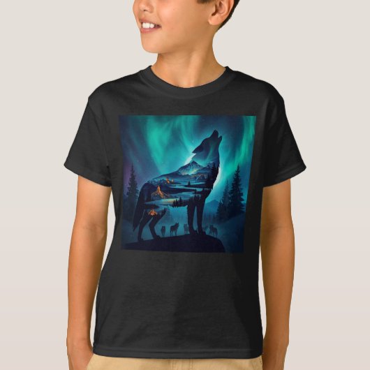 Howling Wolf Silhouette Auror Borealis T-shirt (Voorkant)