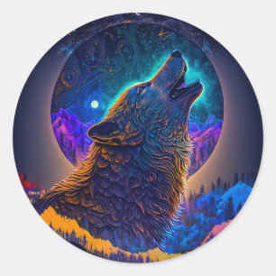 Howling Wolf Surreal Fantasy Ronde Sticker