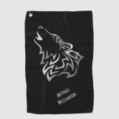 Howling Wolf Tribal Black en Silver Monogram Golfhanddoek (Voorkant)