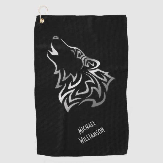 Howling Wolf Tribal Black en Silver Monogram Golfhanddoek (Voorkant)