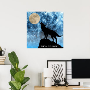 Howling Wolf volle maan blauw zwart Aangepaste naa Poster
