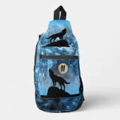 Howling Wolf volle maan blauw zwart Custom Monogra Sling Bag (Voorkant)