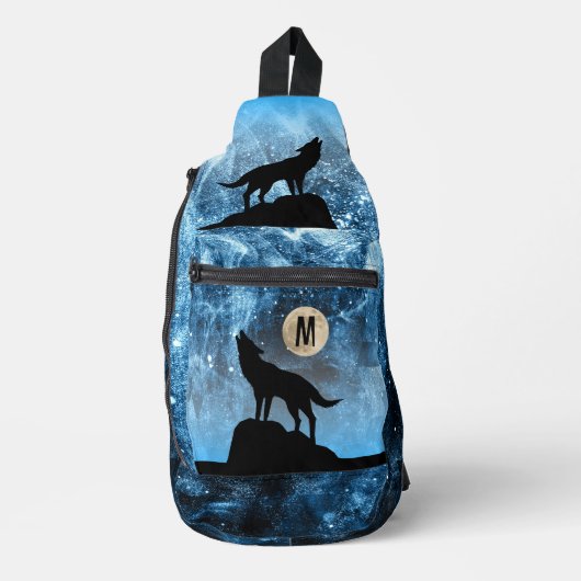Howling Wolf volle maan blauw zwart Custom Monogra Sling Bag (Voorkant)