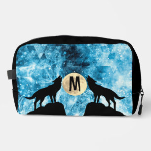 Howling Wolf Volle maan blauw zwart Custom Monogra Toilettasje