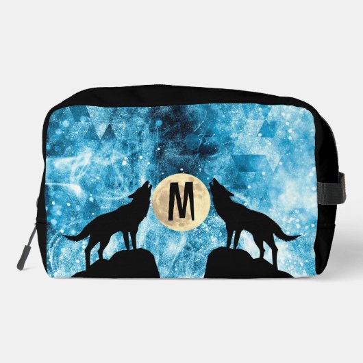 Howling Wolf Volle maan blauw zwart Custom Monogra Toilettasje (Achterkant)