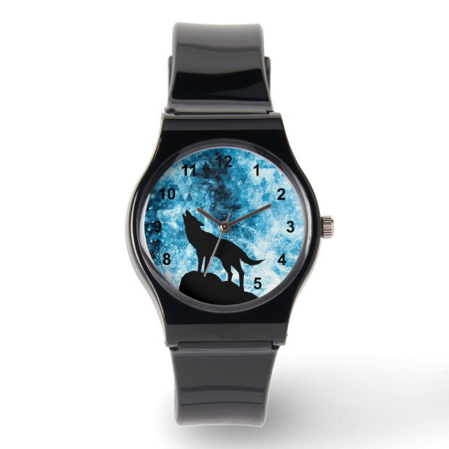 Howling Wolf Winter sneeuwblauwe rook Abstract Horloge (Voorkant)