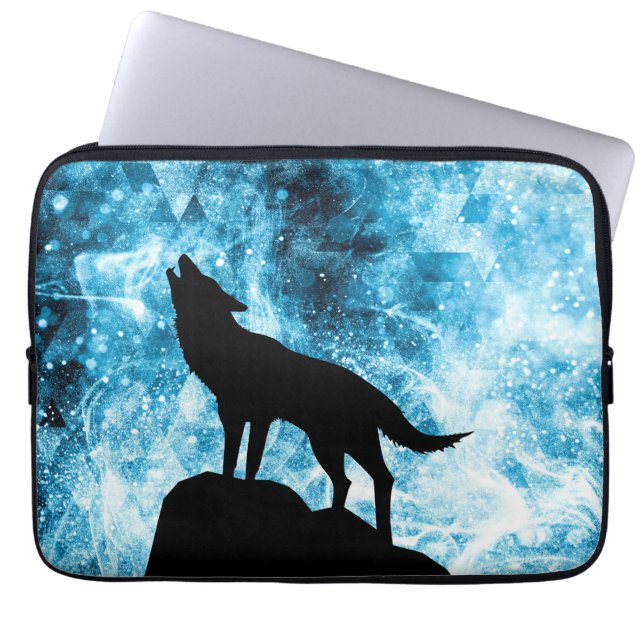 Howling Wolf Winter sneeuwblauwe rook Abstract Laptop Sleeve (Voorkant)