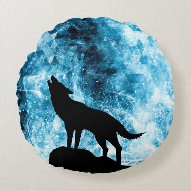 Howling Wolf Winter sneeuwblauwe rook Abstract Rond Kussen (Voorkant)