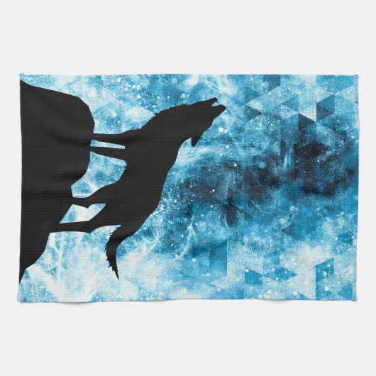 Howling Wolf Winter sneeuwblauwe rook Abstract Theedoek (Horizontaal)