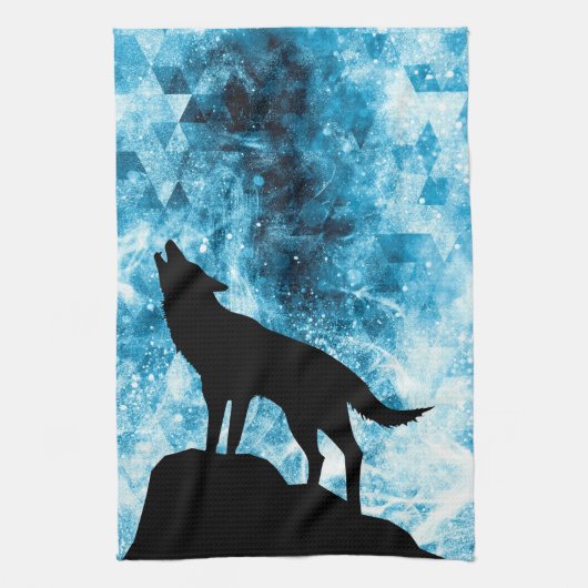 Howling Wolf Winter sneeuwblauwe rook Abstract Theedoek (Verticaal)