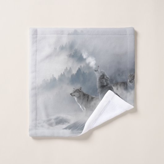 Howling Wolves Mountain Fog Scene Print (Gant de toilette)