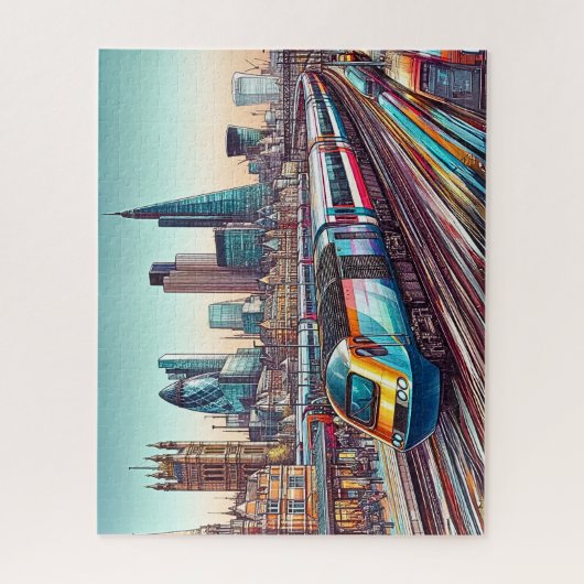 HST Trein Verlaat Londen + Landmarks Illustratie Legpuzzel (Verticaal)