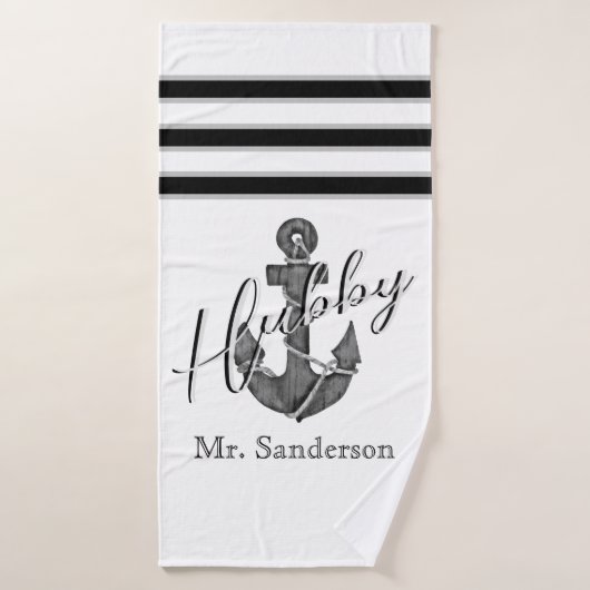 Hubby Nautical Monogram Zwart Wit Anker Badhanddoek (Badhanddoek)