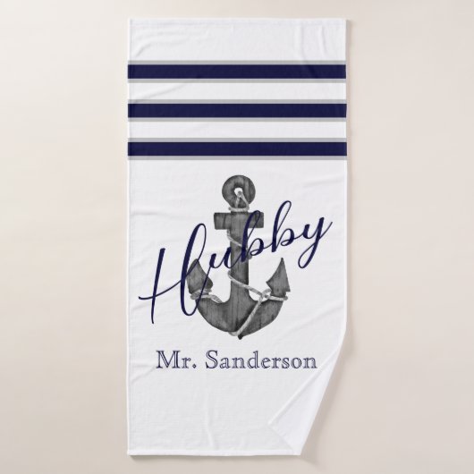Hubby Nautical White en Navy Blue Anchor Beach Badhanddoek (Badhanddoek)