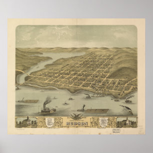 Hudson WI 1870 Antiek Panorama Poster