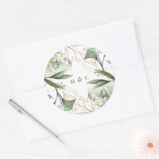 Huge Botanische Eucalyptus Green Emerald Monogram Ronde Sticker (Envelop)