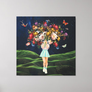 Huge Bouquet Girl Dark Sky Surreal Collage Canvas Afdruk