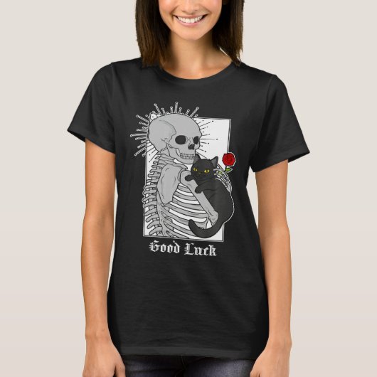 Hugging Cat Flowers Skeleton Black Cat T-shirt (Voorkant)