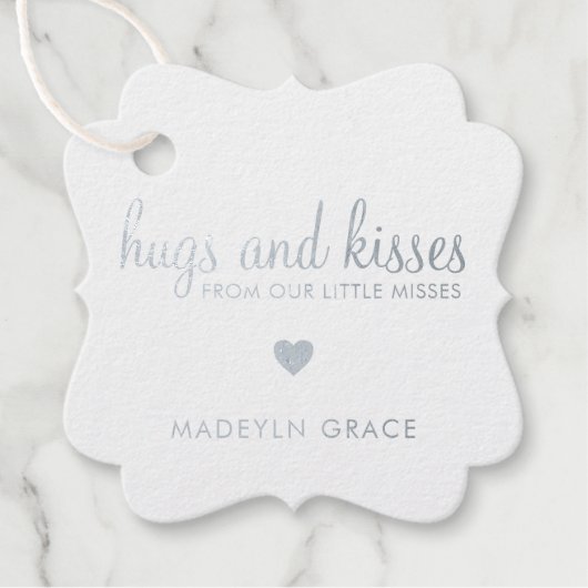 Hugs en Kisses Heart Silver Foil Girl Baby shower Bedankjes Labels (Voorkant)