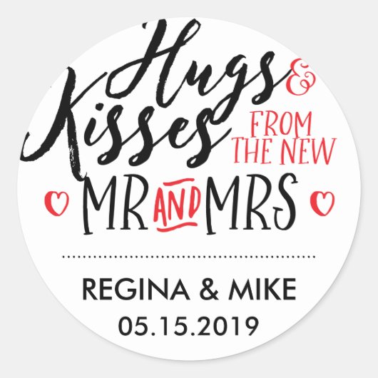 Hugs en Kisses New Mr en Mrs Love and Heart Ronde Sticker (Voorkant)