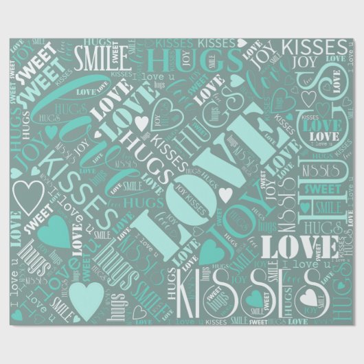 Hugs en Kisses Word Cloud Blauwgroen ID286 Cadeaupapier (Vlak)