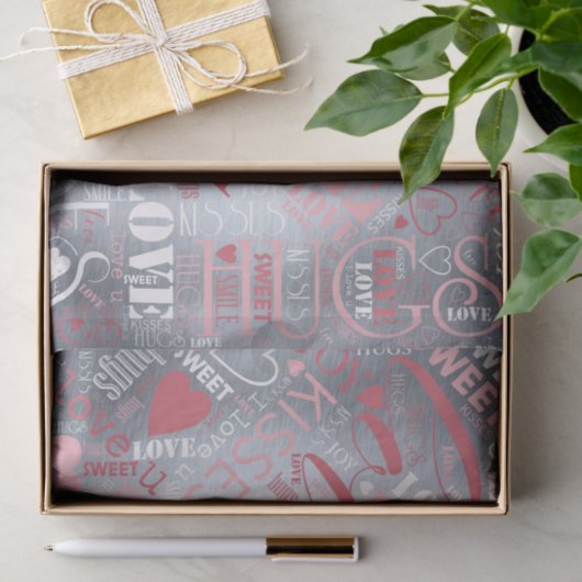 Hugs en Kisses Word Cloud Pink/Silver ID286 Tissuepapier (Geschenk)