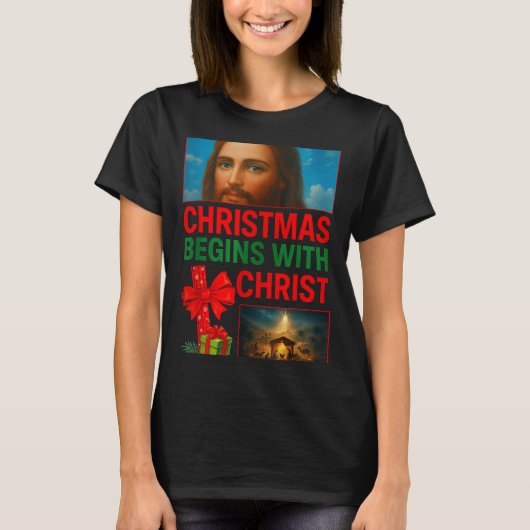 Hugvyn Christmas Begins With Christ Jesus Cross Ch T-shirt (Voorkant)