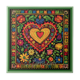 Huichol Loteria Keramische Tegel: El Corazon Tegel Tegeltje