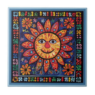 Huichol Loteria Keramische Tegel: El Sol Keramisch Tegeltje