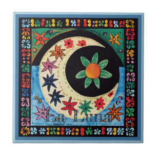 Huichol Loteria Keramische Tegel: La Luna Keramisc Tegeltje