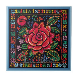 Huichol Loteria Keramische Tegel: La Rosa Keramisc Tegeltje